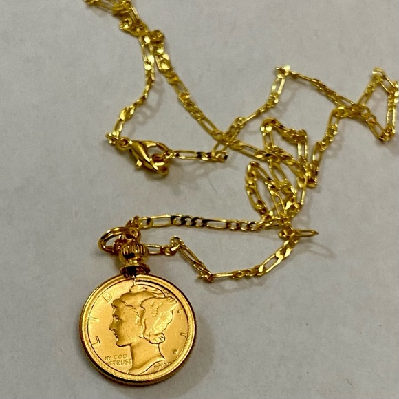 (SOLD) Authentic 1944 Silver Mercury Dime, Gold Plated with  18-inch Gold Filled - Picture 8 of 8